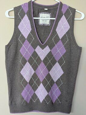 Y2K Vintage Esprit brown and purple argyle V-neck cotton knit sweater vest